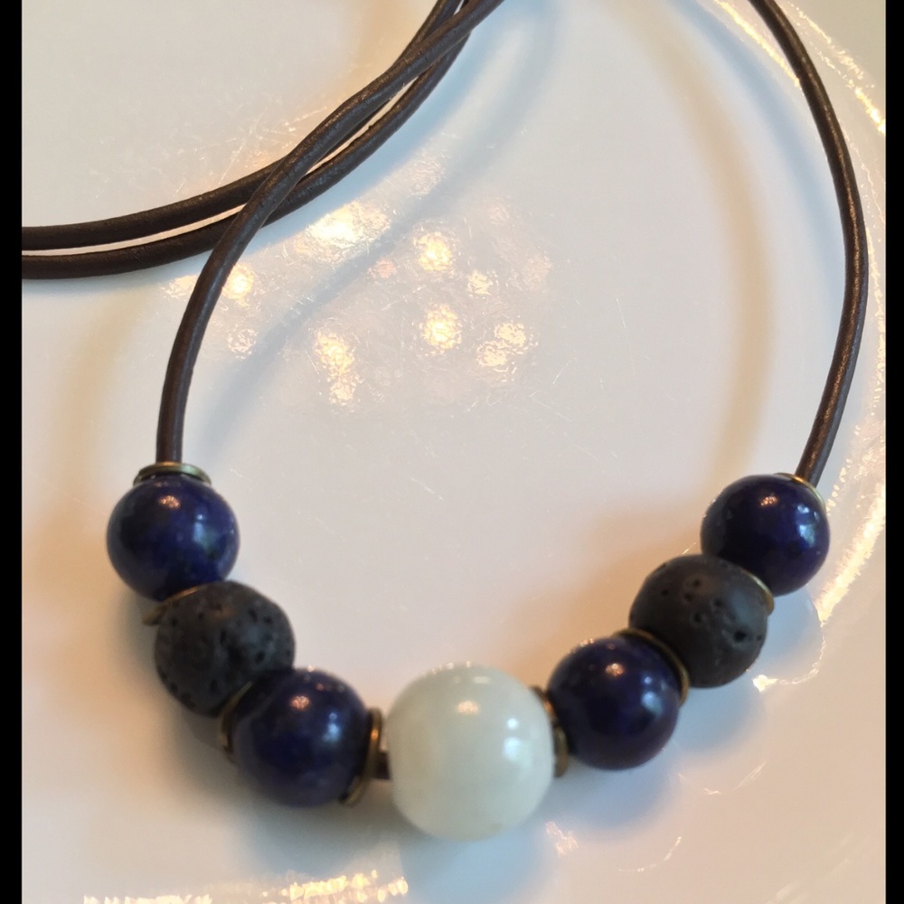 ARTISAN Leather Amazonite Lapis and Lava Beads 24” Necklace - Picture 2 of 5